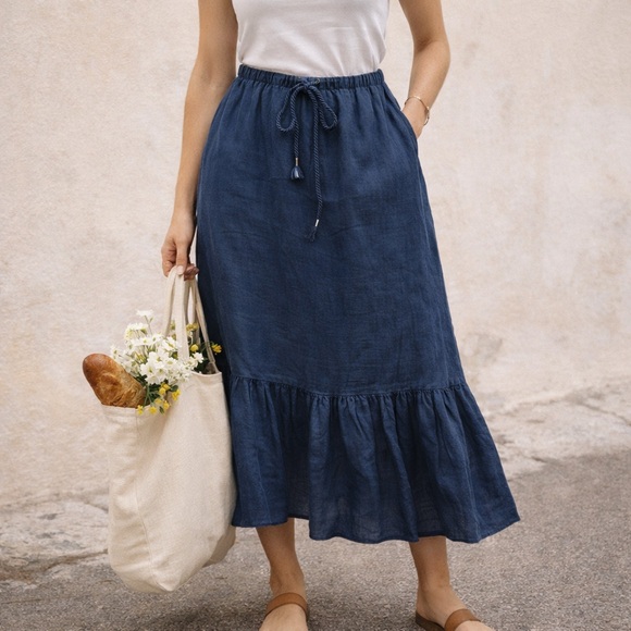 Tommy Bahama Dresses & Skirts - Tommy Bahama 100% Linen Navy Drawstring Midi Skirt Resort Style